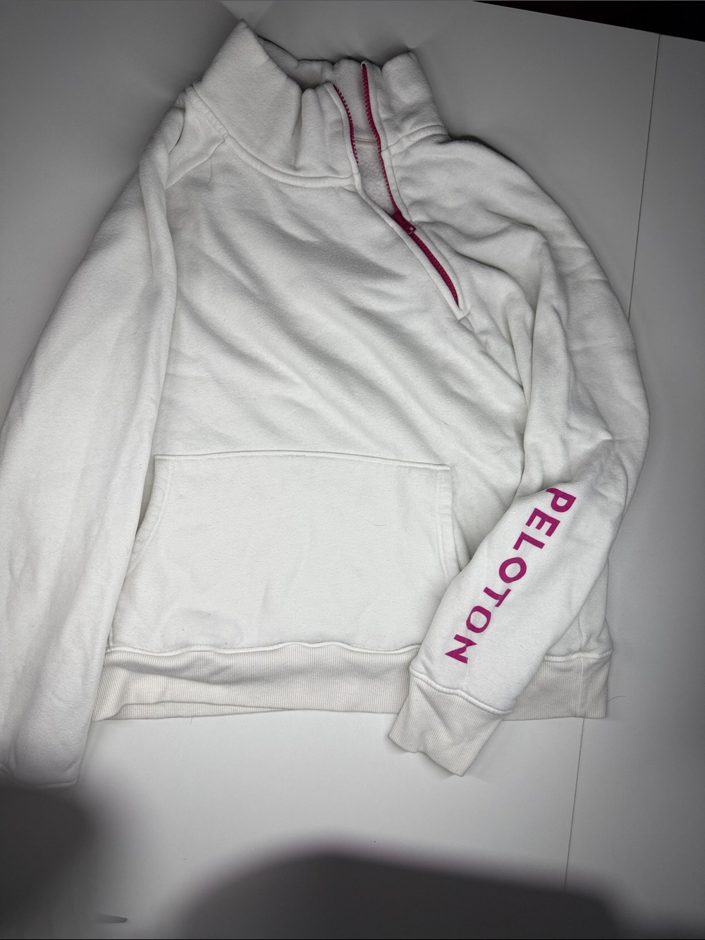 Peloton White Cowl-Neck Pullover with Pink Logo Accents